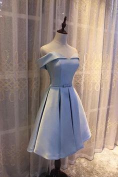 Light Blue Off Shoulder Satin Bridesmaid Dress. Blue Short Formal Dress Bridesmaid Dress Blue, Blue Bridesmaid Dresses Short, Confirmation Dresses, Satin Bridesmaid Dress, Dama Dresses, Short Formal Dress, Prom Dresses Elegant, Satin Homecoming Dress, School Dress