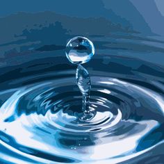 a water droplet with blue and white colors is shown in this artistic photo, it appears to be floating on the surface