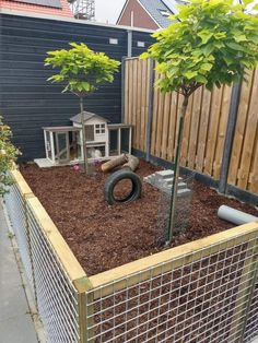 a backyard with a fence, tree and small dog house in the middle of it