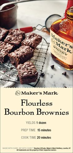 an advertisement for maker's mark bourbon brownies with chocolate cookies on a cooling rack