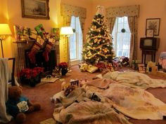 a living room with a christmas tree and many presents on the floor in front of it