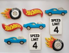 the cookies are decorated with hot wheels and speed limit