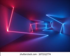 an abstract image of neon lights in a dark room with blue and red lighting on the walls