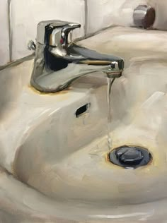 a painting of a sink with water running from the faucet