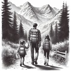 a man and two children walking down a path in the mountains