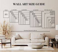 the wall art size guide is shown in this living room