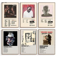 four posters with different styles of artwork on them, each featuring an image of a man