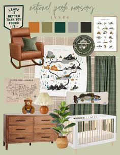 a baby's nursery with green and brown accents