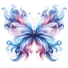 a blue and pink butterfly with swirls on it's wings, flying in the air