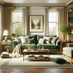 a living room filled with green furniture and pillows on top of a wooden coffee table