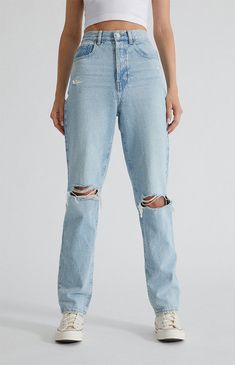 PacSun has got you covered this season with the new Light Blue Distressed Dad Jeans. Featuring a classic high-rise fit, these baggy jeans sit high on the waist and get updated with destruction details at the knee and a light blue wash that goes with every look. They are slightly oversized and fits slouchy and roomy through the hip and thigh with a straight leg fit. Learn more about PacSun eco items PacSun Womens Eco Light Blue Distressed Dad Jeans size 23 Everyday Ripped High Rise Jeans, High Rise Ripped Jeans For Everyday, Everyday High Rise Ripped Jeans, Trendy Ripped Relaxed Fit Jeans, Everyday Ripped High Waist Jeans, Distressed High-rise Relaxed Fit Jeans, High Rise Distressed Relaxed Fit Jeans, High Rise Relaxed Fit Distressed Jeans, High Waist Distressed Relaxed Fit Jeans