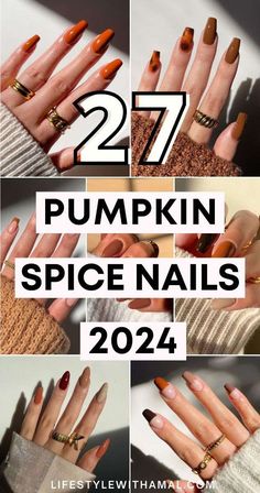 42 Spooky & Cute Halloween Nails and Halloween Nail Designs That Slay Nails Ideas Fall 2024, Pumpkin Colored Nails, Pumpkin Spice Nail Color, Pumpkin Spice Latte Nails, Psl Nails, Pumpkin Spice Nail Designs, Halloween Nails Colors, Pumpkin Color Nails, Call Nail Ideas