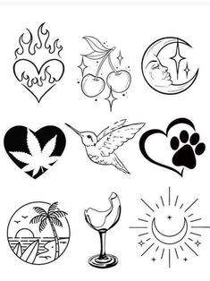 various tattoos and symbols are shown in the shape of heart, sun, moon, dog paw