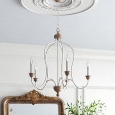 a white chandelier hanging from the ceiling in a room with a mirror and potted plant