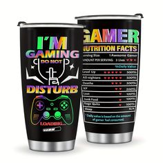 two tumblers that have different types of game controllers on them and the words i'm