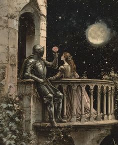 a man and woman sitting on a balcony looking at the stars