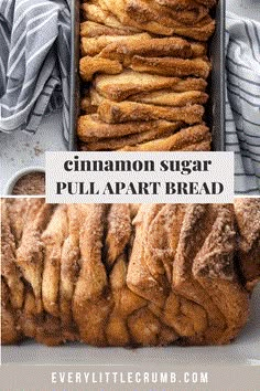 cinnamon sugar pull apart bread in a pan with the title overlay reading cinnamon sugar pull apart bread