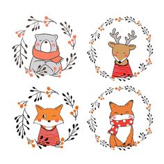 four hand drawn animals with wreaths around them