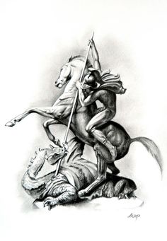 a pencil drawing of a man on a horse with a spear in his hand and a dragon