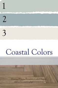 three different colors of wood flooring with the words coastal colors on top and bottom