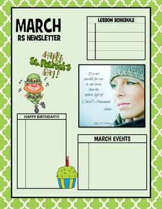 a green and white flyer with pictures on it, including a cupcake and the words march