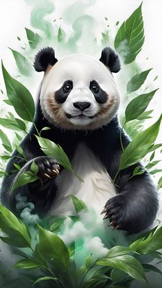 a panda bear sitting on top of green leaves