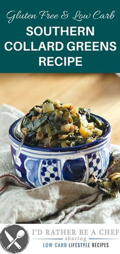 southern collard greens recipe in a blue and white bowl