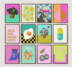 an assortment of colorful greeting cards with artwork on them, including eggs, flowers and other things