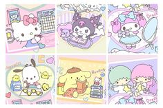 four different pictures of hello kitty and other cartoon characters in pastel pink, blue, yellow and purple colors