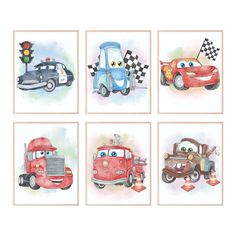 four different cars are shown in watercolors on paper, each with a cartoon character's face