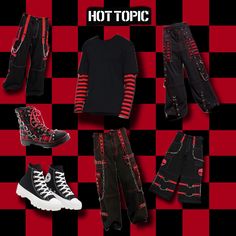 Red Emo Outfits, Scene Outfits Male, Red Goth Outfits, Grunge Outfits Black, Punk Style Outfits, Alt Clothes, Scene Outfits, Punk Outfits, Alternative Outfits