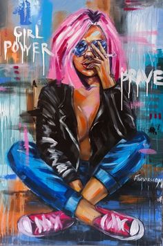 a painting of a woman sitting on the ground with pink hair and blue jeans, holding her hand to her face