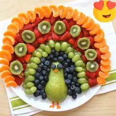 a turkey made out of fruit on a plate