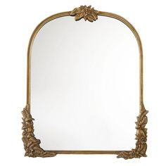 an ornate gold framed mirror with leaves on it's sides and a white background