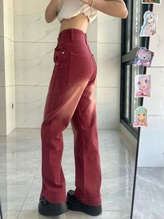 Material : Cotton Fabric Type: Thin denim Design: Stone wash Closure Type: Zip up Pants Type: Straight Waist Type: High Style : Y2K Aesthetic Size (cm) Length Waist Hip S 103 64 99 M 104 68 103 L 105 72 107 XL 106 76 111 XXL 107 80 115 Size (inch) Length Waist Hip S 40.55 25.20 38.98 M 40.94 26.77 40.55 L 41.34 28.35 42.13 XL 41.73 29.92 43.70 XXL 42.13 31.50 45.28 Outfits Rojos, Chain Pants, Printed Denim Pants, Fishnet Crop Tops, Low Waist Pants, Red Denim, Baggy Cargo Pants, Preppy Girl, Belted Shorts