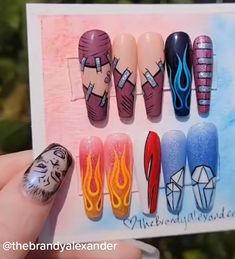 Dabi Nails, Mha Nail Designs, Acrylic Nails Anime, Mha Nails, Anime Nail Ideas, Halloween Nail Art Tutorial, Anime Nail, Disney Acrylic Nails, Band Nails