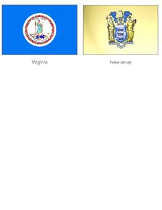 the state flag of virginia is shown in three different colors and font, along with an emblem