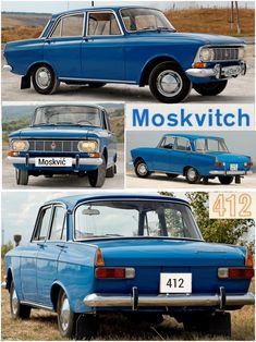 an old blue car is shown in three different pictures, including the front and back