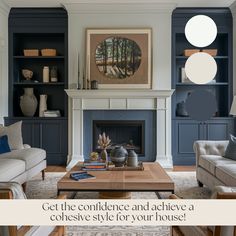 a living room with two couches and a coffee table in front of a fireplace