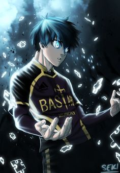 an anime character with blue hair standing in front of some clouds and lightnings behind him