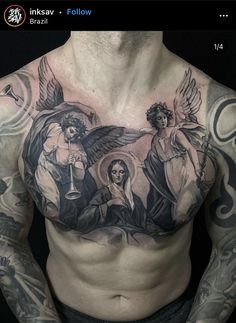 Under Chest Tattoo, Full Chest Tattoos, Archangel Tattoo, Torso Tattoos, Small Forearm Tattoos, Cool Chest Tattoos, Tattoo People, Neck Tattoo For Guys, Religious Tattoos