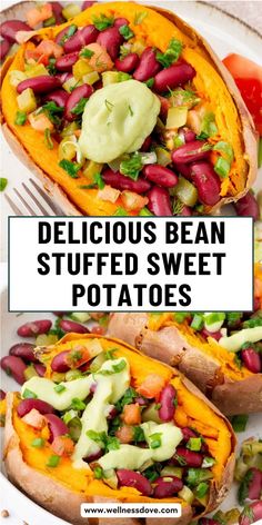 delicious bean stuffed sweet potatoes with avocado and cilantro on the side