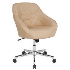 a beige office chair with wheels on an isolated white background