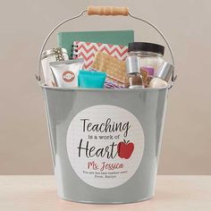 a teacher's bucket filled with personal care items