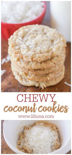 chewy coconut cookies are stacked on top of each other and ready to be eaten