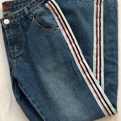 Super Wide Leg Denim. So Cute! Red And Black Stripe Detail On Side Jeans With Stripe On Side, Casual Striped Jeans For Fall, Casual Red Denim Jeans, Trendy Striped Denim Jeans, Casual Striped Denim Jeans, Jean Color, 90's Fashion, Denim Diy, Striped Jeans