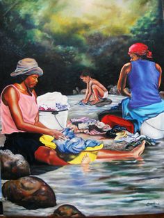 a painting of two people washing clothes in a river while another person sits on the ground