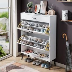 · Space-Saving Shoe Storage Cabinet - The slender construction and space-saving designs makes it a smart choice for narrow spaces. Shoe Storage Shelves, Cabinet Shoe Storage, Narrow Closet, Slim Shoe Cabinet, Wood Shoe Storage, Shoe Rack Entryway, Shoe Storage Rack, Shoe Storage Shelf