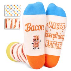 two pairs of socks that say bacon makes everything better with the wording on them