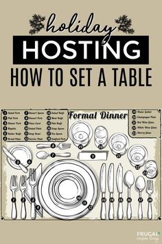 the holiday hosting table is set with silverware and place settings, as well as an info sheet